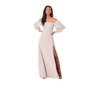 NWT Lulus Semi Formal Maxi Dress M Off Shoulder Coquette Feminine Silver Gray C6